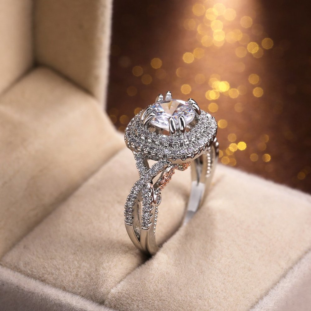 NEW two tone rose gold silver round double halo pave engagement ring - Picture 3 of 7